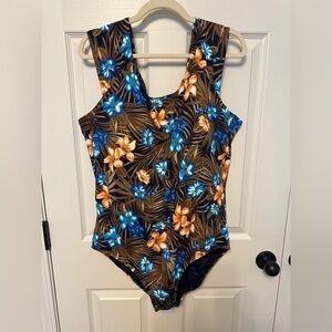Lands' End Blue and Orange Floral One-Piece Swimsuit